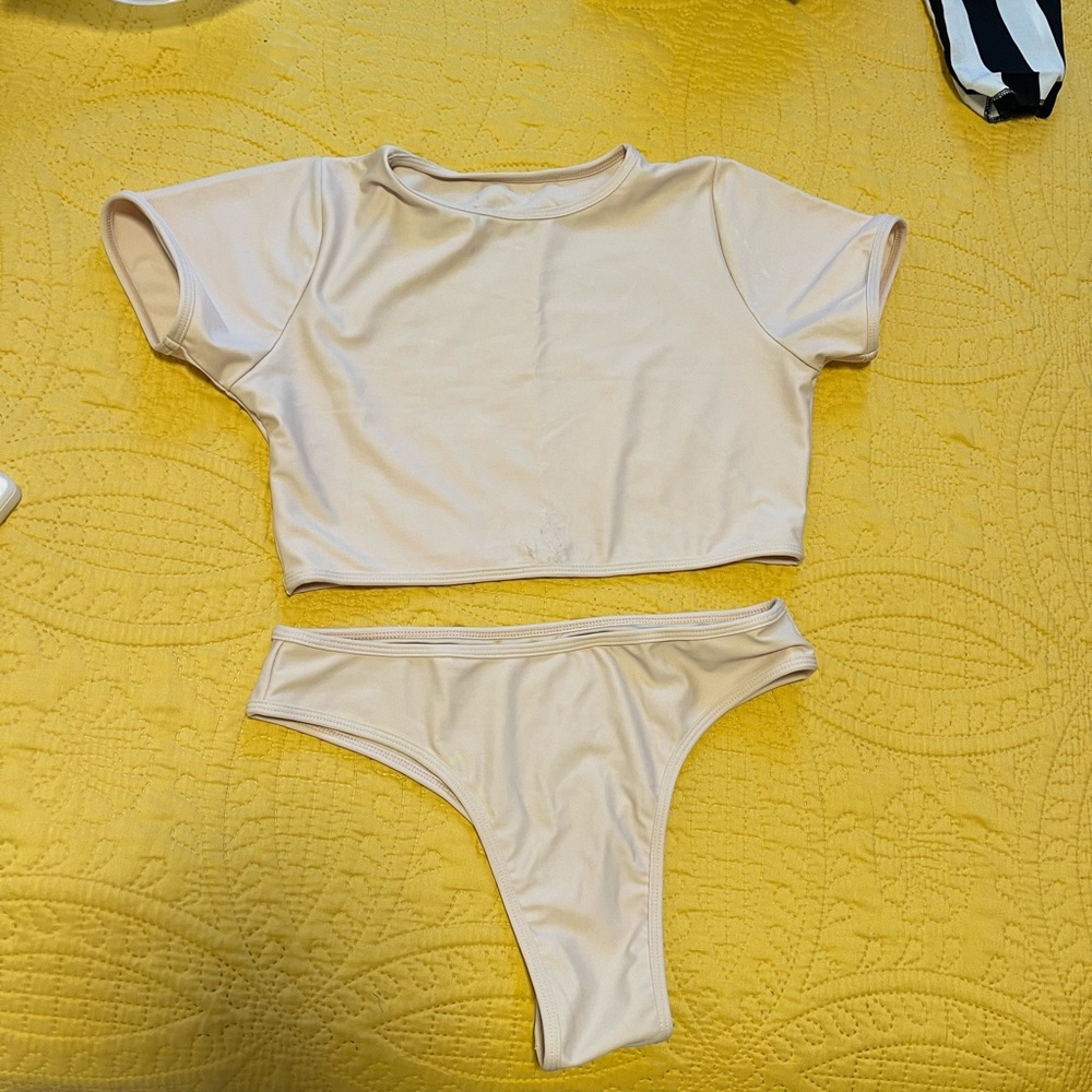 Cream Crop Top and Bikini Set